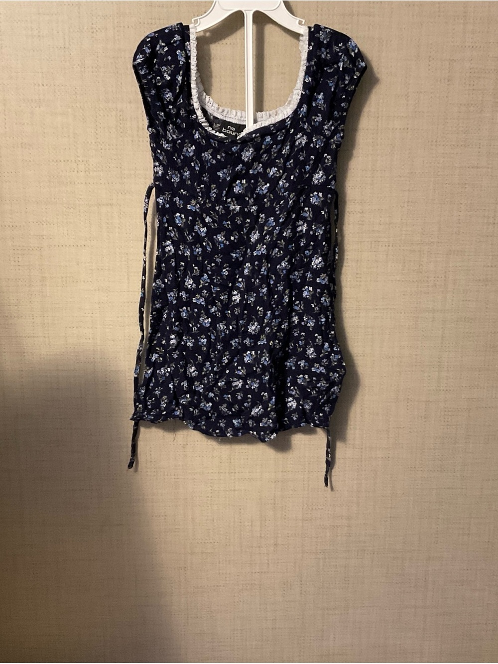 No Boundaries Navy Blue Floral Camisole with White Lace Trim